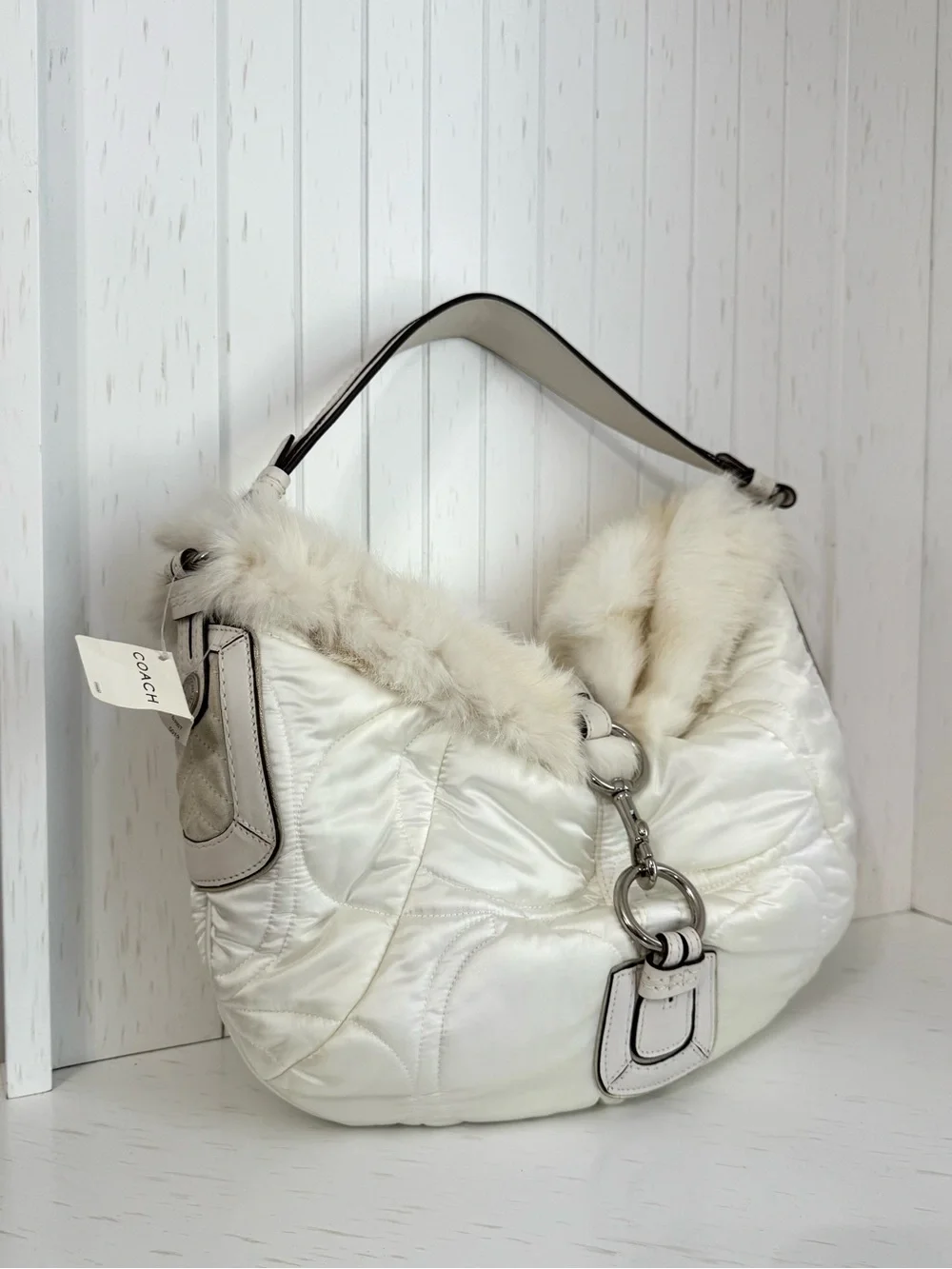 NWT, Y2K, Coach, Vintage, SoHo Ski, Cream Satin, Fur-Trim, Shoulder Bag